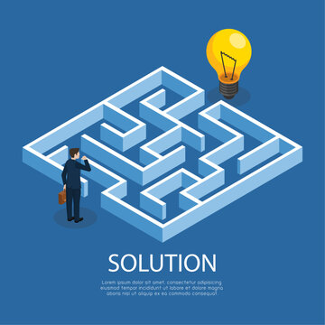 businessman looking idea in the maze isometric. business solution pass labyrinth. achieving the goal. concept. vector illustration in isometric style modern design. isolated on blue background.