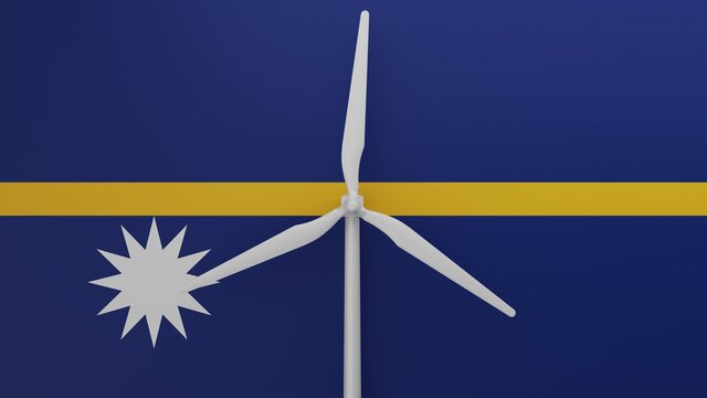 Large wind turbine in center with a background of the country flag of Nauru