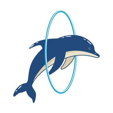 Cartoon cute dolphin jumps through the hoop in the dolphinarium. Vector illustration of a trained sea animal in a zoo.