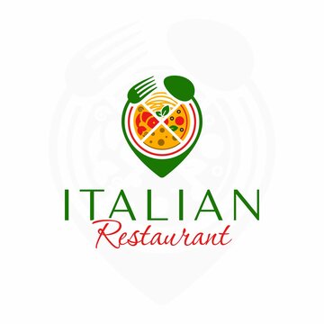 Italian restaurant logo. Spaghetti. Pizza. Italian cheese. Seafood. Location pin spoon and fork. Italian food.