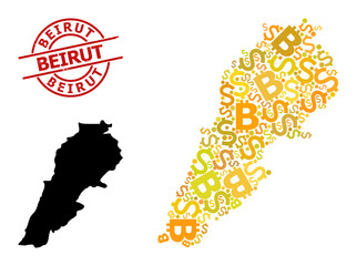 Distress Beirut stamp seal, and finance collage map of Lebanon. Red round stamp seal has Beirut caption inside circle. Map of Lebanon collage is made from finance, funding, BTC yellow elements.