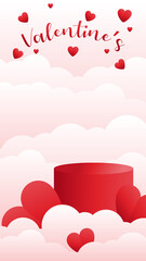 vertical podium background for valentine product sales. vector 3d podium studio background. valentine background with typography, hearts and clouds