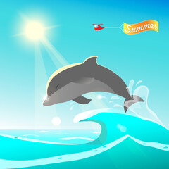 Fototapeta premium Dolphin jumping from blue ocean. Summer background design. Helicopter, Summer banner greeting. Cartoon colorful vector illustration. Sunny summer day, seascape. Cute happy dolphin playing in waves.