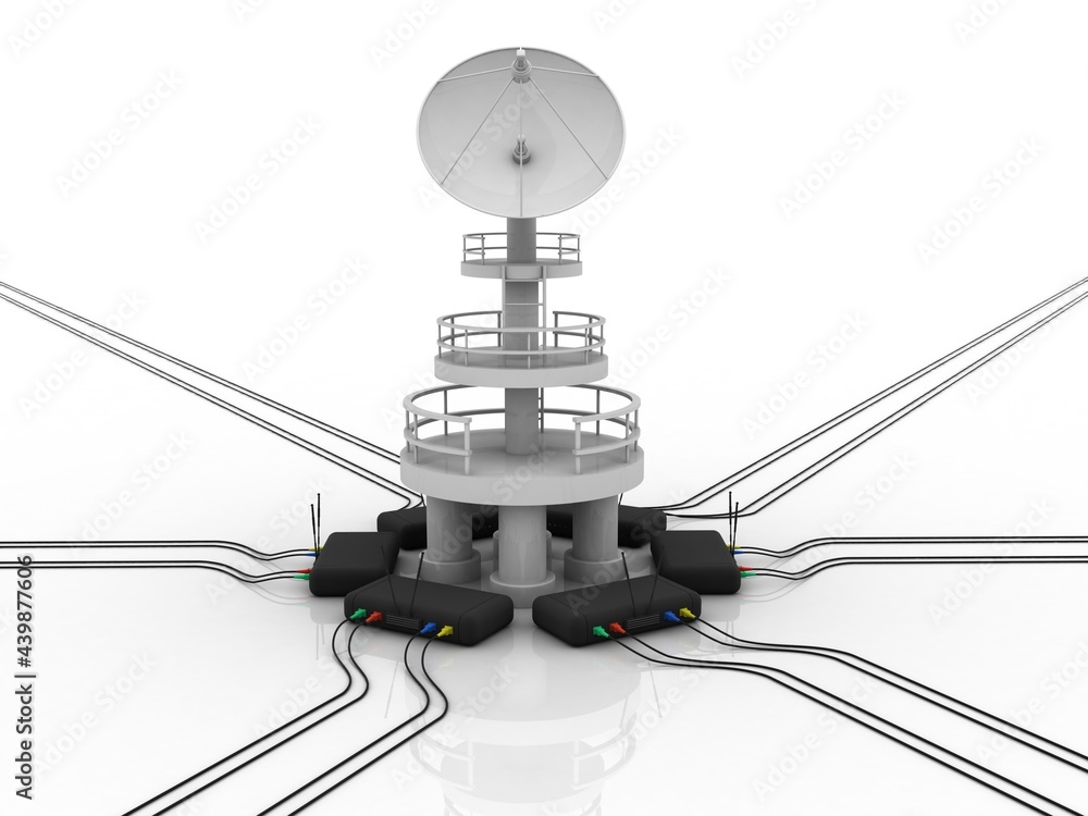 Poster satellite dish and spaceship with wifi modem, 3d rendering