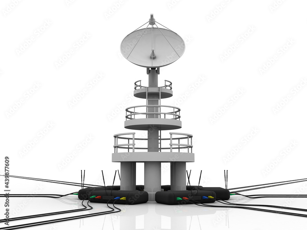 Poster satellite dish and spaceship with wifi modem, 3d rendering