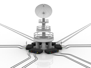 Satellite Dish and spaceship with wifi modem, 3d rendering