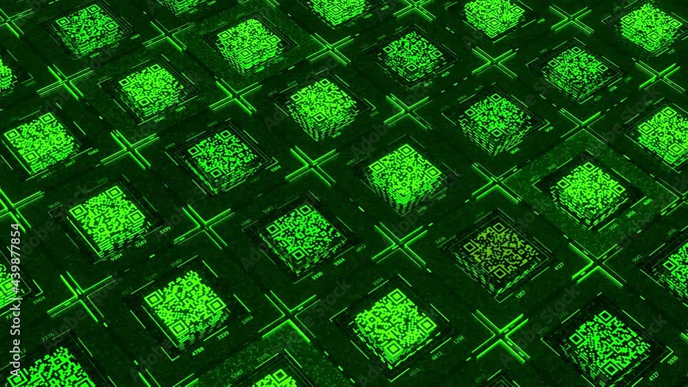 Aufkleber database with qr codes. animation. electronic space with lots of green qr codes. qr codes with infor