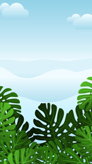 summer vertical background with sea, clouds and monstera leaves