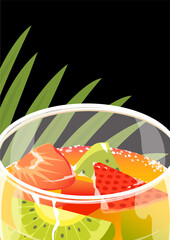 Refreshing summer cocktail with strawberries and kiwi. Glass. glass. Cool fruity drink at the beach and resort. Tropical taste. Vector realistic illustration on black background