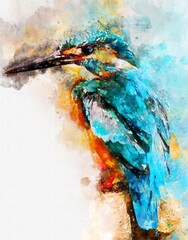 watercolour painting of common kingfisher (Alcedo atthis)