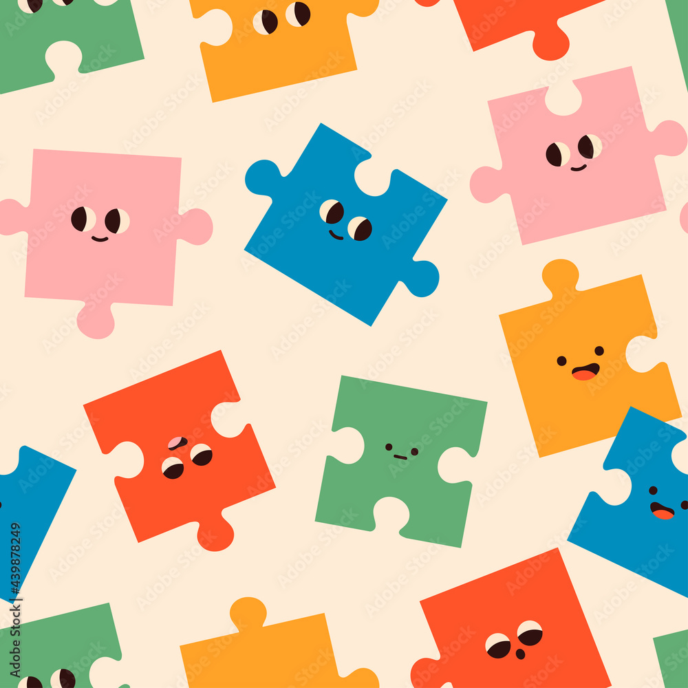 Poster abstract puzzle creatures with faces. various emotions. different colored characters. cartoon style.