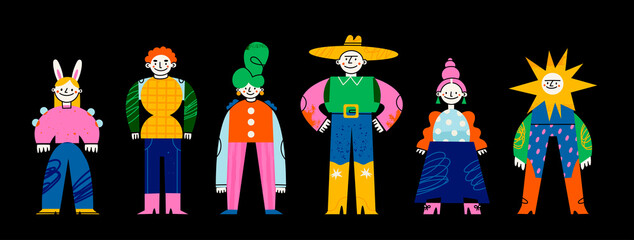 Set of Abstract people. Cute disproportionate characters. Various bright colorful clothes. Different textures. Paper cut, childish style. Hand drawn Vector illustration. Every person is isolated
