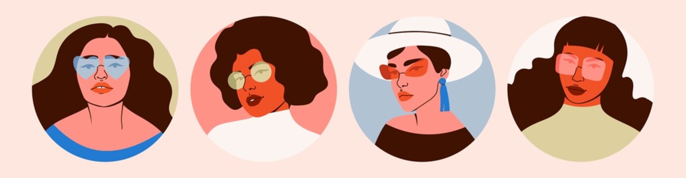 Set of Beautiful Women in sunglasses looking at camera. Closeup fashion portraits of cute young ladies. Hand drawn round Vector illustrations. Templates for cards, posters, banners, social media Icons