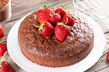 Fresh chocolate sponge cake with strawberry. Chiffon biscuit for cake