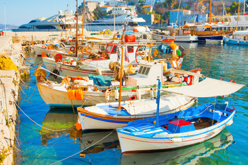 Greece, boats in port of Hydra island in Saronicos Gulf - 439878625