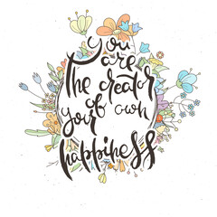 Hand lettering grunge card with flower background. Handcrafted doodle letters in retro style. Hand-drawn vintage typography