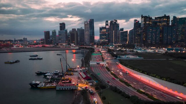 4K Singapore Aerial City Skyline View along MCE Highway towards Downtown