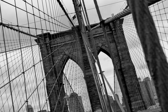 Fototapeta Artistica Black and White Detailed Close Up of Brooklyn Bridge in New York, Manhattan, United States of America, USA