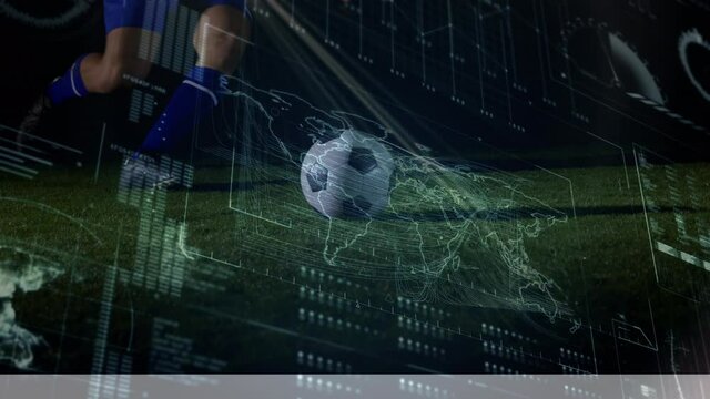 Animation of digital data processing on screen over football player kicking ball