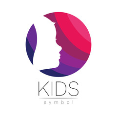 Child logotype in few violet circle colors, vector. Silhouette profile human head. Concept logo for people, children, autism, kids, therapy, clinic, education. Template symbol, modern design on white
