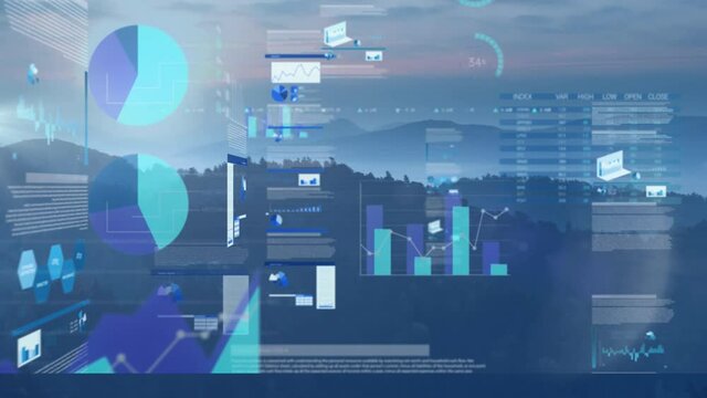 Animation of statistic and financial data processing over landscape on blue background