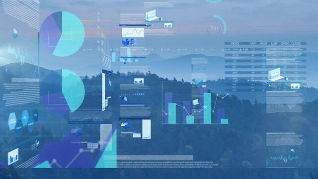 Animation of statistics and financial data processing over landscape on blue background