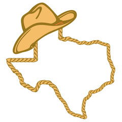 Texas map with lasso rope frame and cowboy hat isolated on white for design. Texas color sign symbol - obrazy, fototapety, plakaty