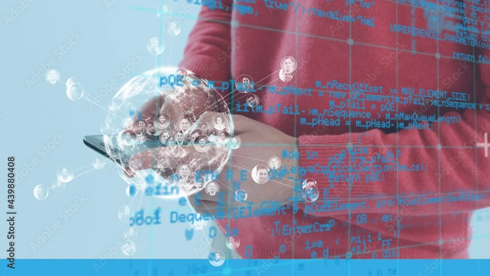 Poster Animation of globe and data processing over man using smartphone