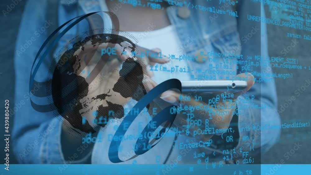 Poster Animation of globe and data processing over woman using smartphone