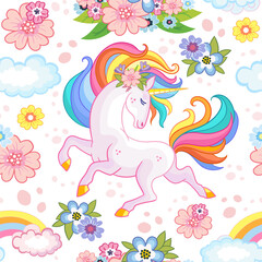 Seamless vector pattern with dreaming unicorn and flowers