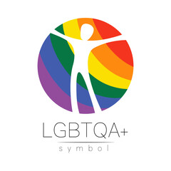 Vector LGBTQA logo symbol. Pride flag background. Icon for gay, lesbian, bisexual, transsexual, queer and allies person. Can be use for sign activism, psychology or counseling. LGBT logotype on white. - 439880871