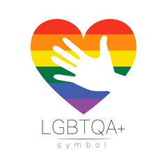 Vector LGBTQA logo symbol. Pride flag background. Icon for gay, lesbian, bisexual, transsexual, queer and allies person. Can be use for sign activism, psychology or counseling. LGBT logotype on white. - 439880894