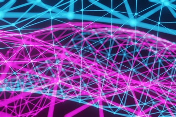 Abstract partially blurred background, polygonal grid of neon pink and blue colors on black background. 3d render
