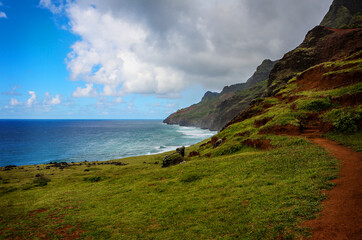 The coastal trail with spectacular views of the Kalalau in Kauai, Hawaii, USA.