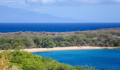 Lanai beach and camprgournd with Maui in the background. 