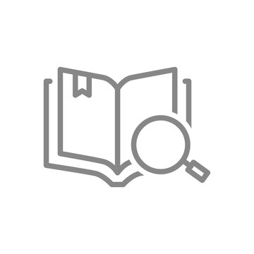 Open book with magnifying glass line icon. Information search, online instruction symbol