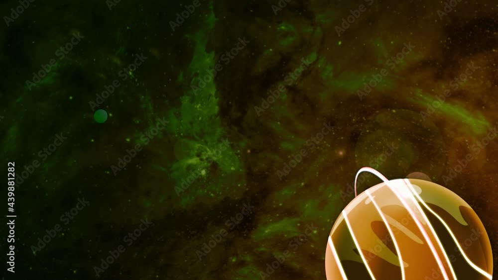 Poster animated planet moves on background of green space. motion. cartoon planet is moving in colored oute