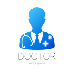 Doctor with cross vector logotype in blue color. Silhouette medical man with cross. Logo for clinic, hospital, health, medicine and business. Concept on white. Template for web, identity modern style.