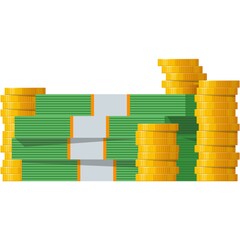 Money stack vector gold coin and cash pile icon on white