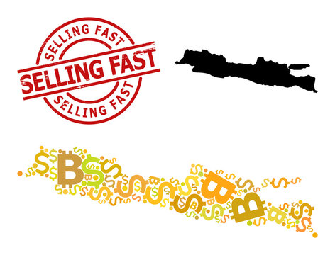 Rubber Selling Fast seal, and money collage map of Java Island. Red round seal has Selling Fast text inside circle. Map of Java Island collage is composed from money, funding,