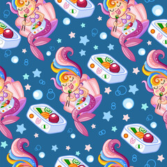 Seamless vector pattern cute mermaid eats sushi