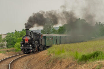 Fototapeta na wymiar Steam train near Sazava river in south of Prague in summer cloudy day