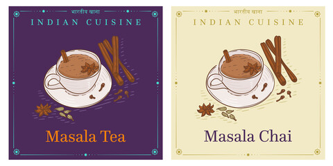 Masala Chai Indian tea beverage made with black tea, milk herbs and spices - obrazy, fototapety, plakaty