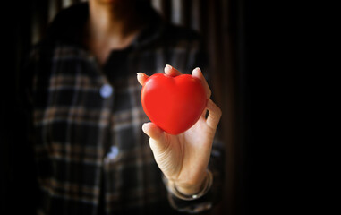 Woman hands holding red heart. Heart health insurance concept.
