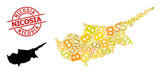 Scratched Nicosia stamp seal, and banking collage map of Cyprus Island. Red round stamp seal contains Nicosia text inside circle. Map of Cyprus Island collage is created from currency, dollar,