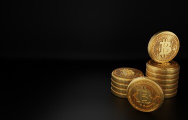 Golden bitcoin digital currency with copy space. futuristic digital money 3d on black background with reflection
