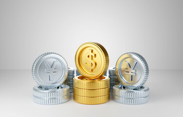 Golden and silver coin currency with copy space futuristic digital money 3d on white background with reflection