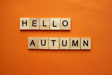 The word Hello Autumn is made of wooden cubes on an orange background. The word is on top. The concept of a cozy autumn mood. Cope space. View from above