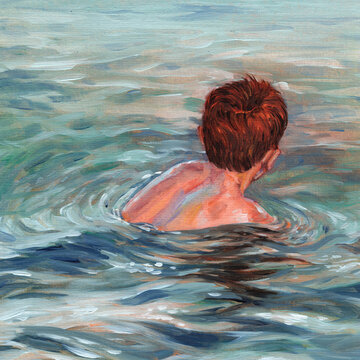 oil painted illustration of a little boy seen from behind swimming in the sea, reflecting on the water