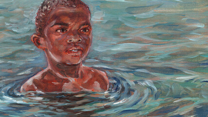 oil painted illustration of a little black boy swimming in the sea, reflecting on the water